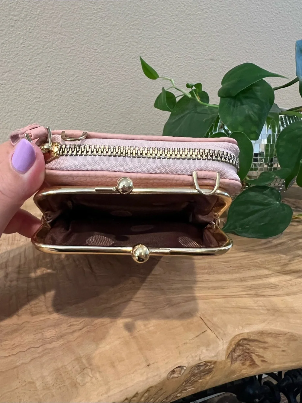 Carr Ken Pink Pebbled Leather Phone Wallet with Gold Frame
